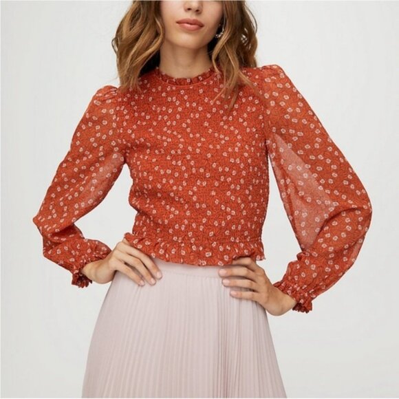Aritzia Wilfred Lilith Blouse Cropped Smocked Floral Long sleeve Orange Size XS - Picture 7 of 16